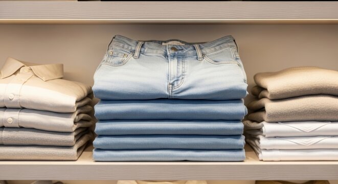 Stack of folded blue jeans on a clothes shop shelf. Neat pile of trousers and shirts displayed in a store. Retail clothing organization concept for fashion shopping and casual style.