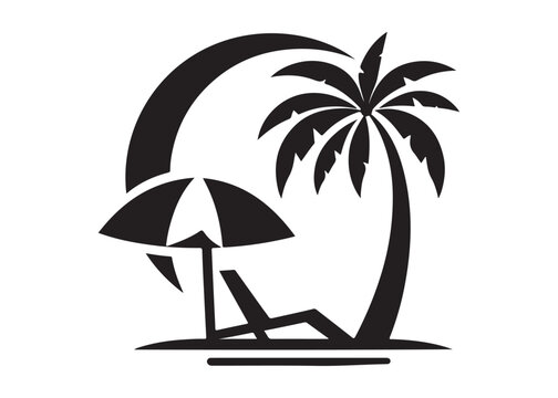 beach chair vector silhouette illustration logo, beach chair logo icon silhouette, tropical beach sunset scene palm trees beach chair and umbrella vector silhouette on white background