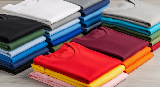 Kaos terlipat rapi, plain colored t-shirts