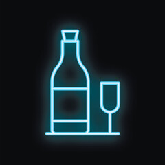 Fototapeta premium Blue neon sign depicting a bottle of wine and a glass, glowing on a black background