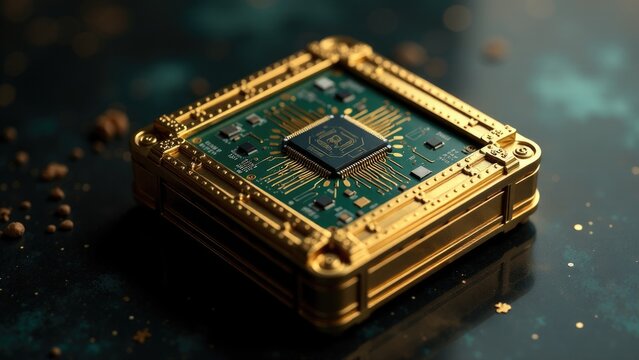 A detailed view of a computer microchip on a table, suitable for tech-related contexts