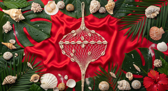 fishing net with shells and conches on top of red fabric