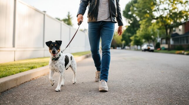 Person walking a small dog on a leash along a quiet suburban street on a sunny day.