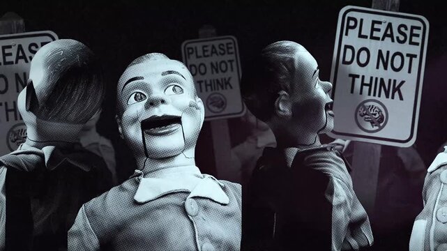 A group of faceless spinning mannequins and political statements contained on street signs on an endless loop.
