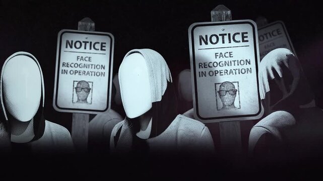 A group of faceless spinning mannequins and political statements contained on street signs on an endless loop.
