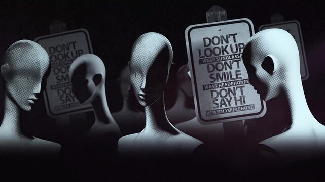 A group of faceless spinning mannequins and political statements contained on street signs on an endless loop.
