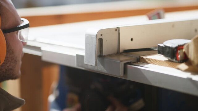 A man wearing safety glasses and earmuffs carefully cuts wood using a table saw. The woodworker demonstrates precision and safety during a carpentry project.
