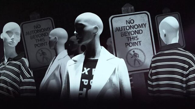 A group of faceless spinning mannequins and political statements contained on street signs on an endless loop.
