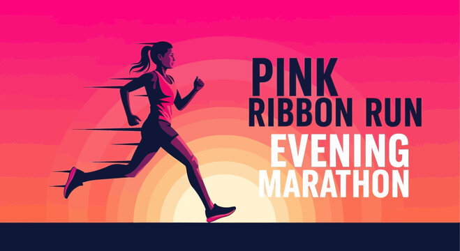 Pink Ribbon Evening Marathon: Energetic Runner Silhouette In Vibrant Sunset Sky