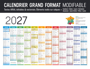 Calendrier Français 2027 modifiable vectoriel, grand format France, textes en Arial, éditables et vectorisés. Modèle personnalisable pour bureau. © mozZz