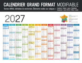 Calendrier Français 2027 modifiable vectoriel, grand format France, textes en Arial, éditables et vectorisés. Modèle personnalisable pour bureau. © mozZz