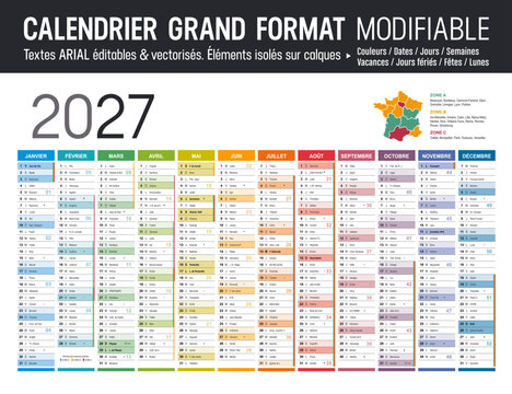 Calendrier Fran&ccedil;ais 2027 modifiable vectoriel, grand format France, textes en Arial, &eacute;ditables et vectoris&eacute;s. Mod&egrave;le personnalisable pour bureau.