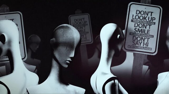 A group of faceless spinning mannequins and political statements contained on street signs on an endless loop.
