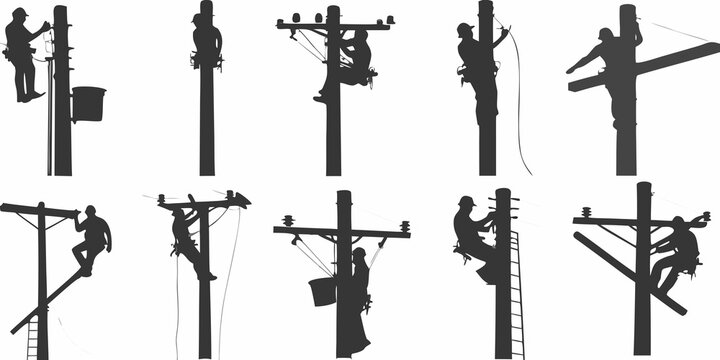 Silhouettes of lineworkers performing maintenance on utility poles and power lines