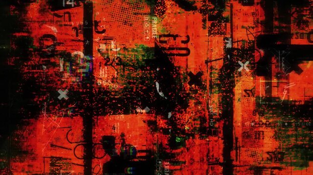 Looping motion video of a grunge textured distortion background with a dominant orange color. 4K quality footage