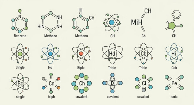 Collection of Chemical Formulas and Atomic Structures.