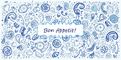 Hand drawn blue doodle pattern with a bon app tit message centerpiece © Subarna