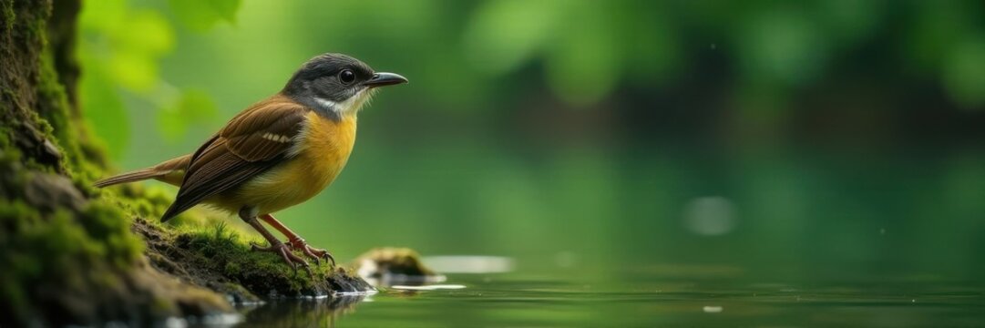 Puff-throated Babbler near water, lush green jungle, Tahmini Ghat, Maharashtra, Indian subcontinent