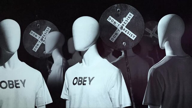 A group of faceless spinning mannequins and political statements contained on street signs on an endless loop.
