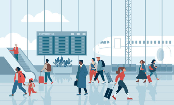 Passengers in airport terminal lounge flat vector illustration