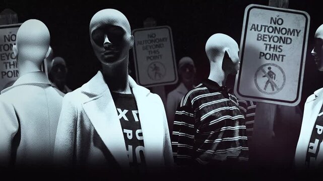 A group of faceless spinning mannequins and political statements contained on street signs on an endless loop.
