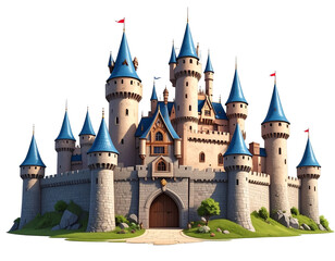 Fototapeta premium Colorful cartoon castle with blue turrets and flags in a sunny setting