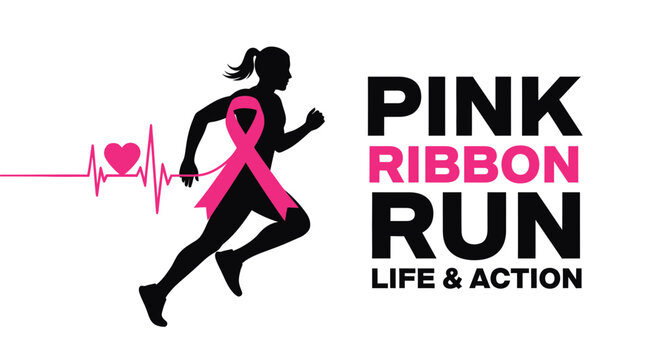 Pink Ribbon Run Concept And Silhouette Of A Runner With Symbol Of Survival and Health