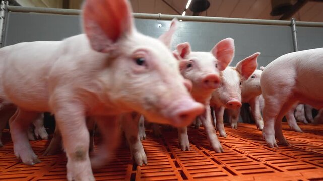 Eye-level close-up of a litter of clean pink piglets standing together on a slatted orange floor inside an industrial farm enclosure