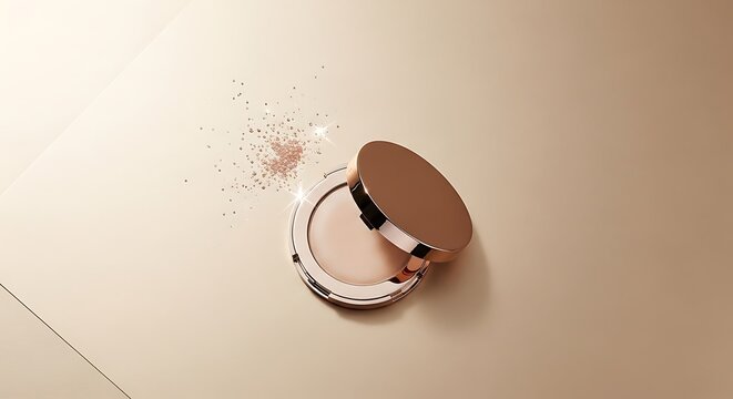 A compact powder puff with loose powder on a clean surface