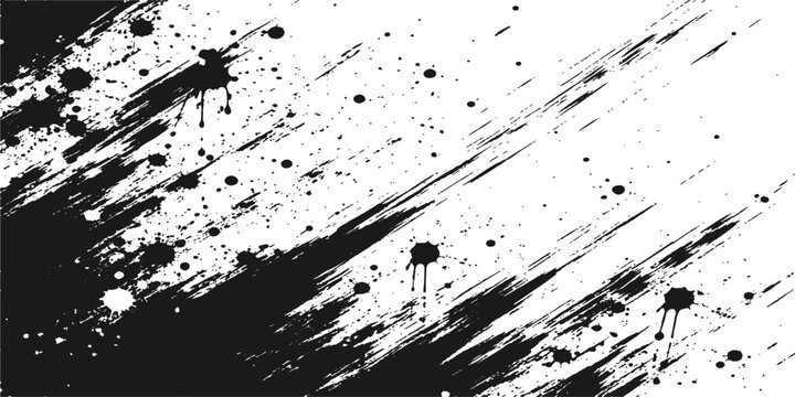Abstract black paint splatter background with grunge brush strokes and ink texture
