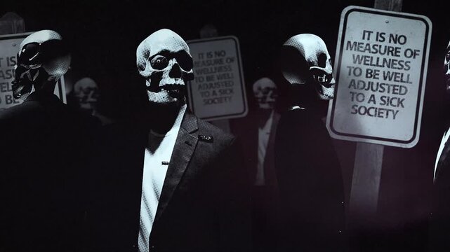 A group of faceless spinning mannequins and political statements contained on street signs on an endless loop.

