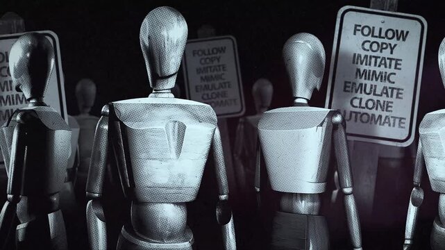 A group of faceless spinning mannequins and political statements contained on street signs on an endless loop.
