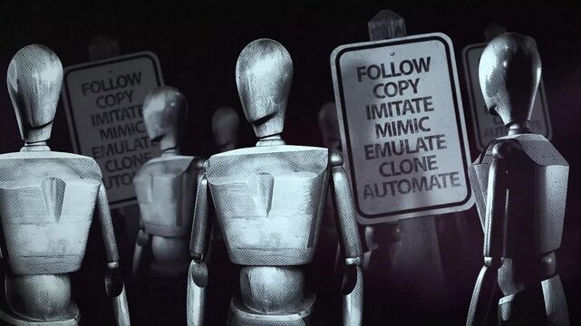 A group of faceless spinning mannequins and political statements contained on street signs on an endless loop.
