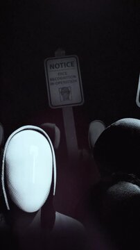 A group of faceless spinning mannequins and political statements contained on street signs on an endless loop.
