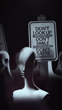 A group of faceless spinning mannequins and political statements contained on street signs on an endless loop.
