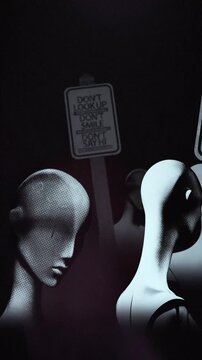 A group of faceless spinning mannequins and political statements contained on street signs on an endless loop.
