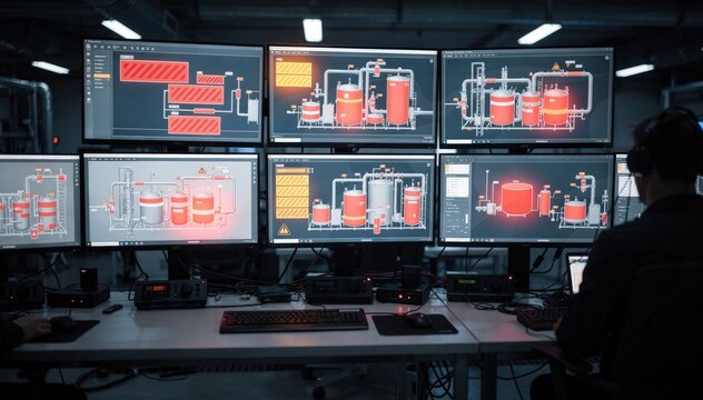 Medium shot focused on alert popups on control room displays signaling process anomalies within the digital twin system of an ink plant for rapid issue resolution.