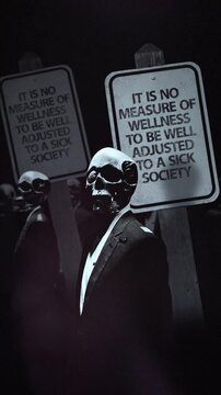 A group of faceless spinning mannequins and political statements contained on street signs on an endless loop.
