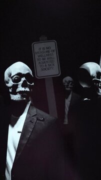 A group of faceless spinning mannequins and political statements contained on street signs on an endless loop.
