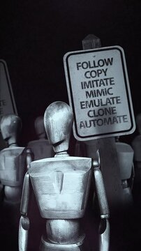A group of faceless spinning mannequins and political statements contained on street signs on an endless loop.
