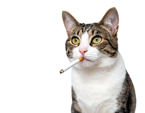 Tabby cat with plant product product in mouth exuding a nonchalant attitude