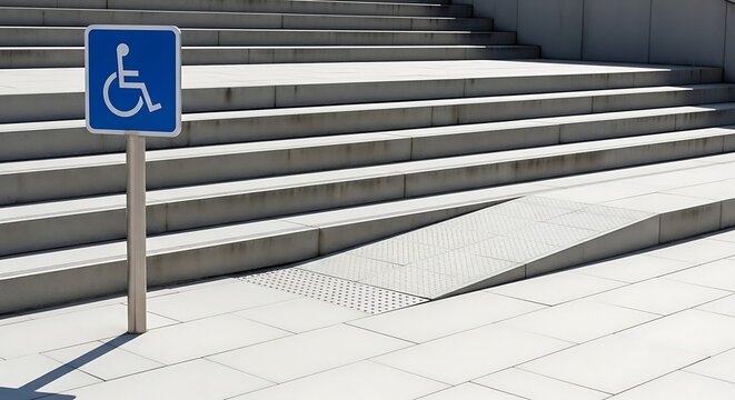 Accessible Wheelchair Ramp Next to Stairs with Disability Sign in Urban Environment