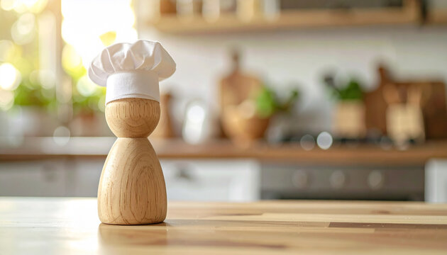 Wooden figure wearing chef hat standing on table, blurred kitchen setting on background. Culinary professionals and healthy food concepts