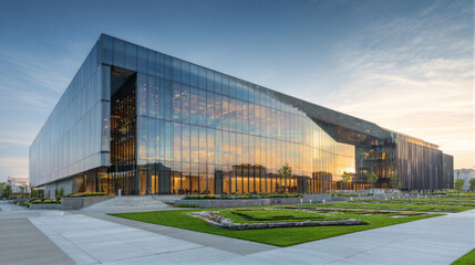 Naklejka premium Modern university library with glass curtain wall reflecting morning sky. Light creates Tyndall effect. Low angle shot with copy space for education branding. 8K photography for website hero image.