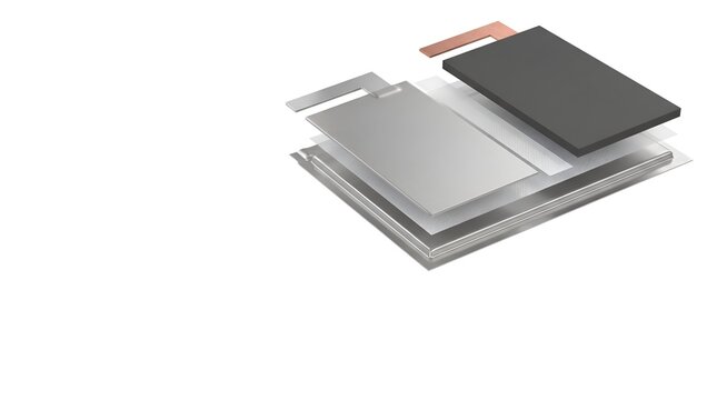 Lithium metal pouch cell 3D exploded view with electrode tabs