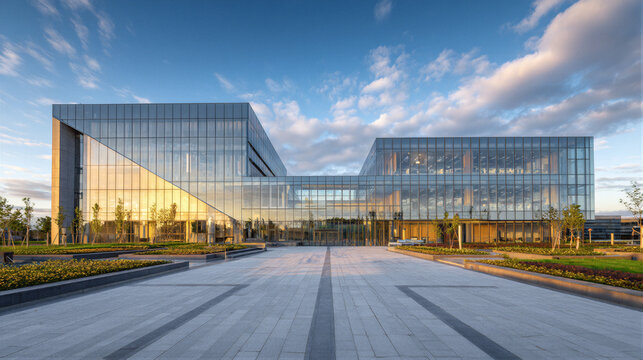 Modern university library with glass curtain wall reflecting morning sky. Light creates Tyndall effect. Low angle shot with copy space for education branding. 8K photography for website hero image.