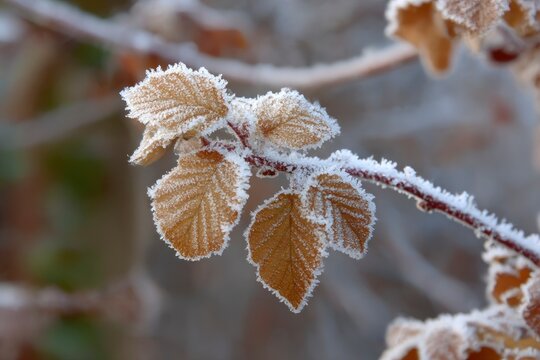 Frozen leaves on a branch winter.