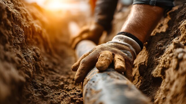 Worker lays a pipe in a trench during daylight in a construction site for utility installation