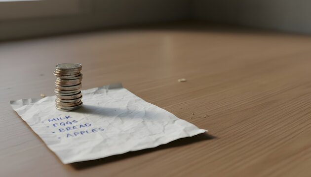 Limited budget grocery list with small coin stack showing careful spending and daily expense control reality
