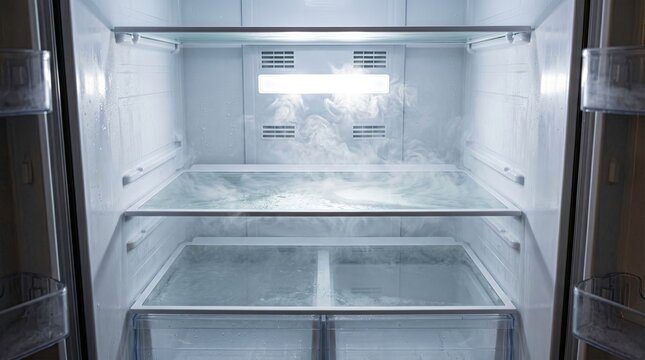 Empty refrigerator interior with frost and ice buildup inside